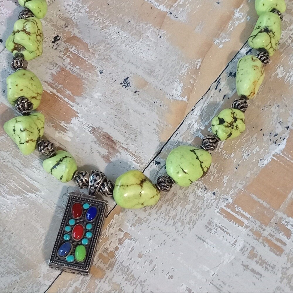 Green Turquoise 925 Silver Locket Pendant Necklace Vintage Large Nugget Sterling